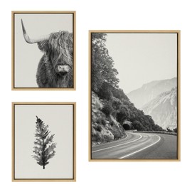 Kate and Laurel Sylvie Highland Cow, Wandering and Vintage Botanical Black and White Framed Linen Canvas Wall Art Set by Various Artists, Set of 3, two 16x20 and one 23x33 Natural Finish Frames, Neutral Decorative Landscape Art for Wall
