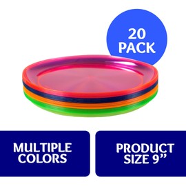Party Dimensions Neon Mix 9" Plates, Pack of 20 Assorted Neon Colored Plates, Pink, Blue, Green, Orange, Perfect for Every Party & Event