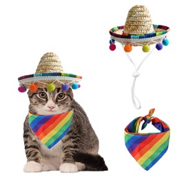 Cat Sombrero Cat Hat Bandana Scarf Rainbow Scarf Pet Straw Hat Cinco de Mayo Mini Sombrero Hat for Cats Puppy Small Dog Party Birthday Photo (Multicolor + S)