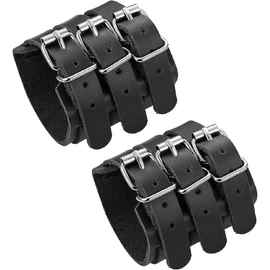 Mens Leather Wide Band Handmade Triple Strap Cuff Medieval Wrap Gauntlet Wristband Buckle Fastening Arm Armor Cuff (Black, One Size)