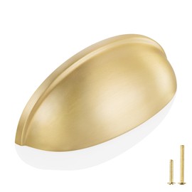 QOGRISUN 2-Pack Solid Brass Cabinet Bin Pulls,Gold Cup Drawer Dresser Handles,3-Inch Hole Center, 3-3/5-Inch Overall Length,Kitchen Cupboard Konbs Hardware, Brushed Brass Finish
