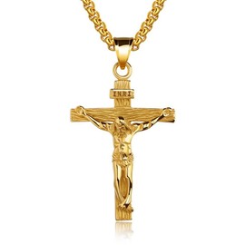 GXGM Men's Jesus Cross Necklace Jesus Crucifix Pendant with Wheat Chain Christian Cross Chain Biker Venetian Chain Religious Jewellery Gift for Men Father Friend, blue