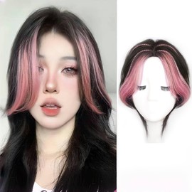 DUOLEIMI Bangs Wig, Pink Color Bangs Wig, Pattin, Highlight Color, Bangs, Center Part, Extension, Hair Piece, Whole Cover, Hair Enhancement, Gray Hair, Partial Wig Extensions (Pink)
