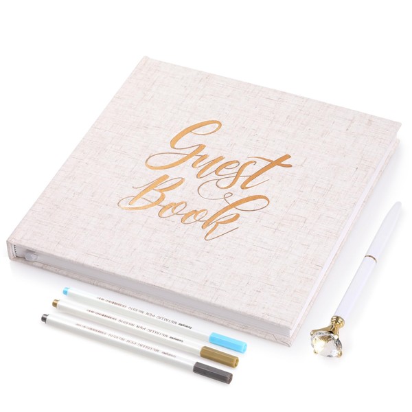 GeeRic Wedding Guest Book in Cream, Flax Elegant Guestbook for Wedding Reception, Baby Shower Birthday Party Special Events 112 Pages Foiled Gold Cover with Pens