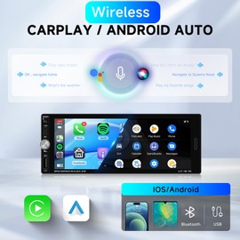 6.9'' Single Din Car Stereo with Wireless CarPlay Android Auto, 1280 * 480 HD Touchscreen Radio Bluetooth 5.2, Mirror Link, FM, SWC, Type C/USB Charging + Backup Camera+ Mic