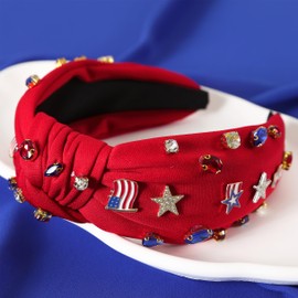 Gmmidea 4th of July Headband for Women Girls American Flag Jeweled Knotted Headband Rhinestone Star Flag Patriotic Headband Wide Top Cute Independence Day Hair Band A-Red