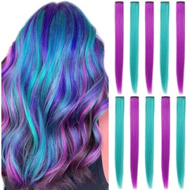ECOCHARMS 21 Inch Princess Party Highlight Purple Teal Hair Pieces Colored Hair Extensions for Girls and Kids Wig Pieces for Dolls 10 Pcs (Purple Teal)