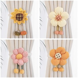 champracer Pack of 2 Curtain Tiebacks Flowers Curtain Holders Handmade Knitted Curtain Holder Elastic Curtain Holder Drawstring Curtains Cord for Office Home Decoration (Yellow, 45 cm)