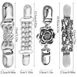 Pack of 4 Vintage Pullover Chain Retro Cardigan Collar Clips Silver Scarf Clip with Flowers Rhinestone Shirt Brooch Clips Unisex Elegant Cardigan Clips for Scarves, Cardigans, Jumpers, Shirts, Zinc