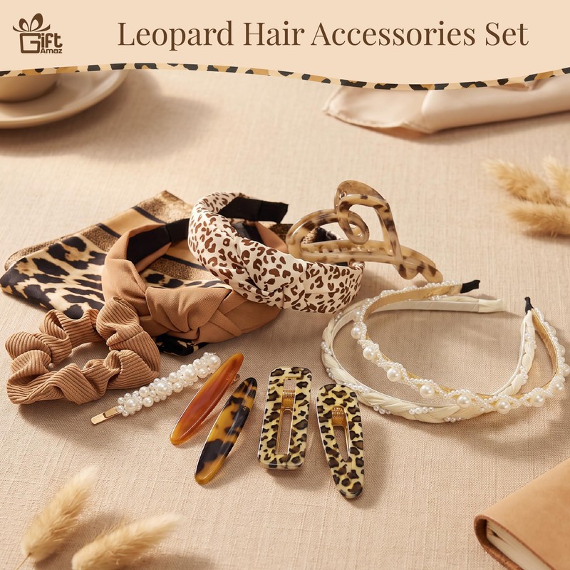 12 PCS Leopard Hair Accessories Set, Headbands & Clips Gift