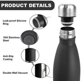 Stainless Steel Water Bottle, 0.5 Litres, BPA-Free, Leak-Proof, Double-Walled Vacuum Insulated, Metal Water Bottle for School, Offices, Travel, Camping, Black