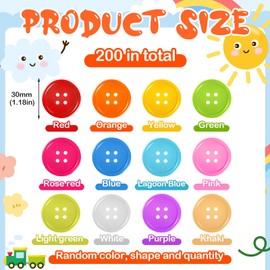 200 Pcs Big Bright Buttons Craft Buttons 1.2 Inch Kids Vivid Colors Large Buttons Plastic Assorted Buttons Cute Shape Colorful Buttons Toys for Arts, Crafts DIY Projects (Round)