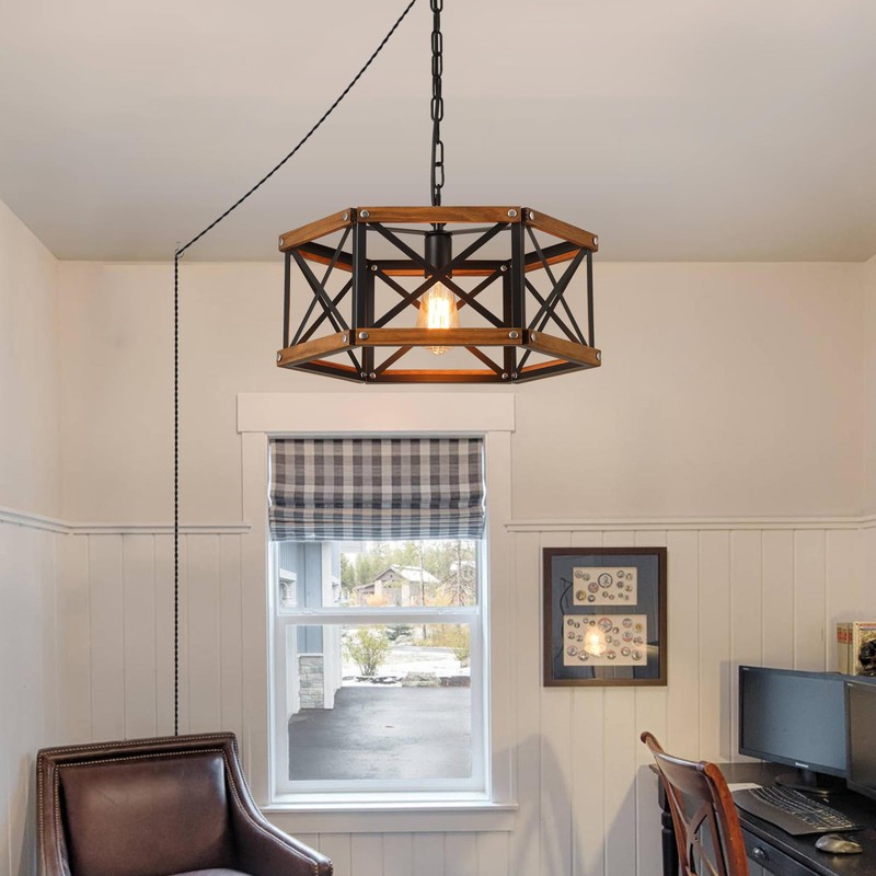 Rustic Farmhouse Large Plug in Pendant Light Fixture with Adjustable