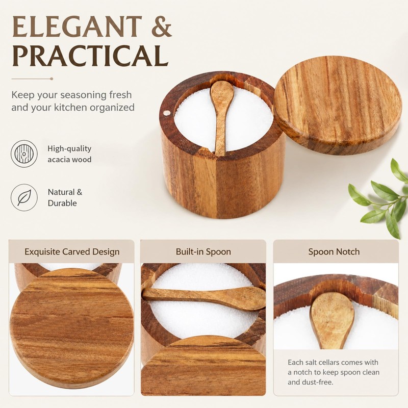 Salt Cellar, Acacia Wood Salt Container with Built‑in Spoon &