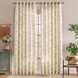 Lazzzy Green Floral Curtains 84 Inch Length Linen Farmhouse Curtain Back Tab Drapes for Living Room Bedroom Light Filtering Vintage Rod Pocket Curtains, 2 Panels, Green on Beige