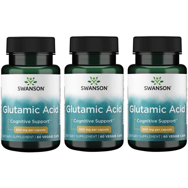 Swanson Amino Acid Glutamic Acid 500 Milligrams 60 Veg Capsules (Pack of 3)