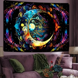 AtawLege Blacklight Tapestry UV Reactive Tapestries Moon Mandala Tapestry Bohemian Tapestries Mysterious Aesthetic Tapestry Boho Tapestry Wall Hanging for Bedroom (59.1 x 82.7 inches)