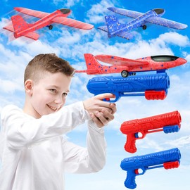 Styropor Flugzeug, 2 Set Styropor Flugzeuge für Kinder, Flugzeug Spielzeug, Styroporflieger Kinder, Wurfgleiter Styroporflieger mit Katapult Pistole für Geschenke Spiele im Freien (Blau)