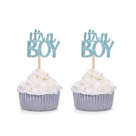 Juego de 24 púas para decoración de cupcakes con purpurina azul «It's a boy», ideal para fiestas de baby shower»
