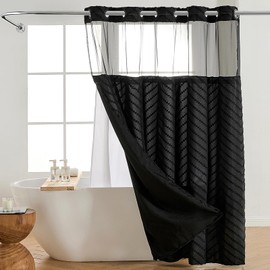Nesphy No Hook Boho Shower Curtain and Snap in Liner Set, Black Chic Textured Tufted Chevron Striped Cloth Double Layers Waterproof Washable Fabric Mesh Top Window Bath Curtain 71x74 Inch