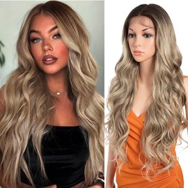 Long Lace Front Deep Wavy Wig for Women Synthetic Wig with Highlights 28 Inch Middle Part Long Loose Wavy Synthetic Curl Wig for Daily Use TATHL 10A/6C/24J#