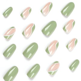 Almond Press on Nails Short Green Fake Nails Acrylic Glossy False Nails with Designs Artificial Full Cover Glue on Nails Stick on Nails for Women Girls Nail Decorations 24Pcs