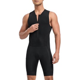 Santic Men's Triathlon Suit Sleeveless Skinsuit Padded Quick-Dry Swim Bike Run with Pockets,Black,L