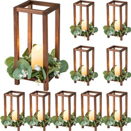 Geelin 10 Pcs Wooden Candle Lantern Wedding Lantern Centerpiece Lantern Candle Holder for Table Fireplace Lantern Decorative Farmhouse Candle Lantern for Wedding Baby Shower(Brown, 13 Inch)