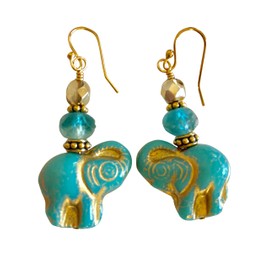 Czech Aqua Blue Elephant Earrings, Premium Czech Glass Beads, Aqua Blue Gold Metallic Wash, Elephant Jewelry, Animal Lover, Boho Earrings.