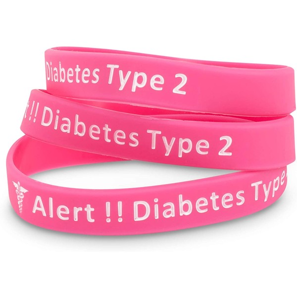 Medicaband 3 Pack-Type 2 Diabetes Medical Alert ID Silicone Pink Wristband, One Size 212mm Standard Adult Wrist