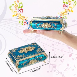 ELLDOO Vintage Music Box, Blue Metal Musical Jewelry Box Keepsake Box, Small Trinket Jewelry Storage Box Gift for Girl Women (Tune: You are My Sunshine)