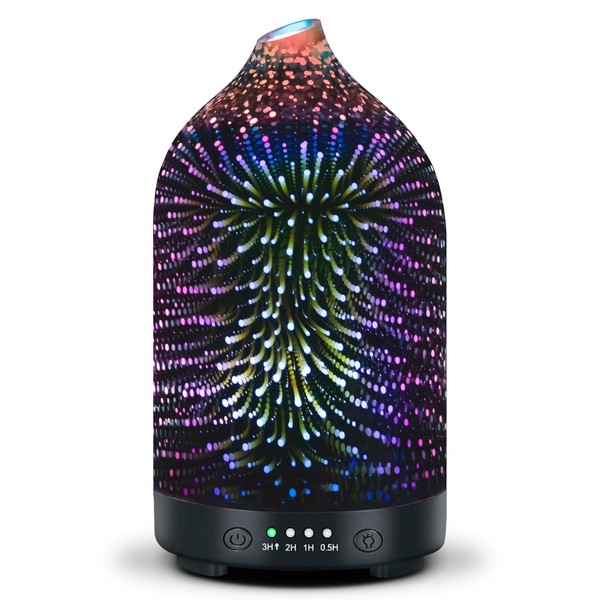 Essential Oil Diffuser 3D Firework Glass Aromatherapy Diffuser Electric Air Mist Scented Oil Aroma Diffuser Ultrasonic Waterless Auto Shut-Off 7-Color LED Lights for Home Office Yoga SPA Gift 120ml