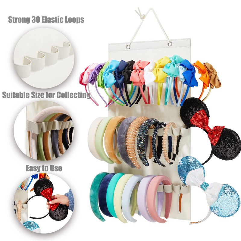 HUHYNN Hanging Headband Organizer with 30 Elastic Loops for Women