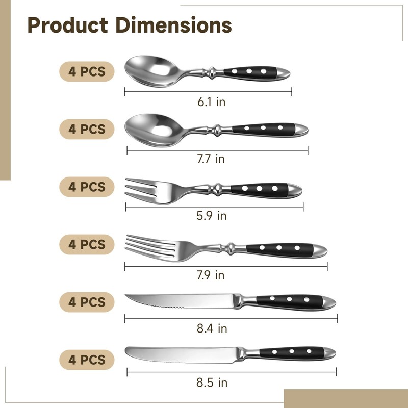 24 Pcs Silverware Set Service for 4, Stainless Steel Flatware