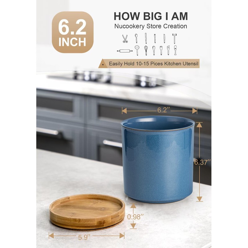 Nucookery 360°Rotating Utensil Holder, 7.2" Kitchen Utensil Crock, Ceramic Cooking
