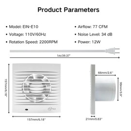 EINTTAX 4 Inch Wall Mount Bathroom Exhaust Fan, Plug in Wall Exhaust Fan, 12W 77 CFM Bathroom Window Fan with Anti-backflow Check Valve for Kitchen, Garage, Office, 34 dB, White