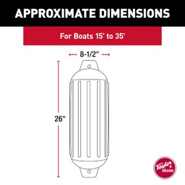 Taylor Made Super Gard Boat Fender, White (8.5" x 26") Double-Molded Ends, Ribbed Technology to Minimize Roll, Rubber Football Needle Inflation Valve, Marine-Grade Vinyl, 5/8" Eyelets - 950824