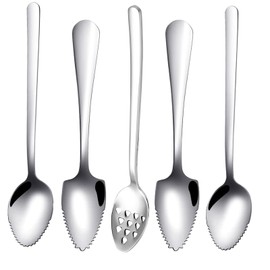 Grapefruit Spoon, 5-Piece Set, 4 Stainless Steel Grapefruit Spoons and 1 Spoon with Holes, Spoon with Kiwi Spoon, Grapefruit Spoon, Dessert Spoon, Serrated Edge, Suitable for Fruit
