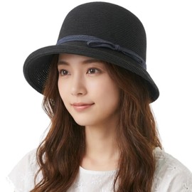 RUNQIU Women's Straw Hat with Chin Strap, Small Face Effect, Breathable, Breathable, Foldable, Lightweight, Sunburn, No Stuffy, Light Shade, Bucket Hat, Summer, Spring, Autumn, Black, 56 to 58 cm