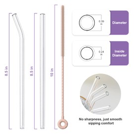 YOTIME Reusable Glass Straws Set, 6 Pcs 8.5''x10mm Clear Glass Drinking Straws with Silicone Straw Brush, 3 Straight and 3 Bent, for Smoothies, Juice, Milkshake, Coffee and Cocktail (Clear, Pink)