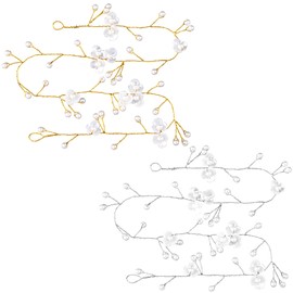 HINZIC 2Pcs Wedding Bridal Hair Vine, 20'' Pearl Head Piece Extra Long Flower Headband Hair Accessories for Bride Bridesmaid Women Girls Hair Jewelry Birthday Party Prom Festival(Sliver, Gold)