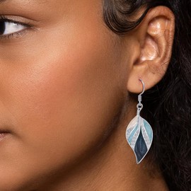 Vurotry Leaf-Shaped Dangle Earrings, Enamel and Crystal Accents, 2.16 inch Length, Navy Blue and Silver (colour1)