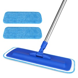 17.5" Professional Microfiber Floor Cleaning Mop, Flat Mop with Stainless Steel Handle, 2 Reusable Washable Pads, Wet and Dust Mopping for Hardwood, Vinyl, Laminate, Tile Cleaning (Blue)