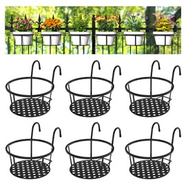 CADANI Iron Hanging Plant Holder Over The Rail Metal Fence Planters, Hanging Bucket Flower Pot Holder for Patio Balcony Outdoor Plants - Pack of 6 (Black)