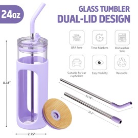 Kodrine 24oz glass tumbler with straw and lid,Iced coffee cup, Leak-proof Lid and Straw,Smoothie Cup With Bamboo Lid,Fit in Cup Holder, BPA Free, Dishwasher Safe (1, Purple)