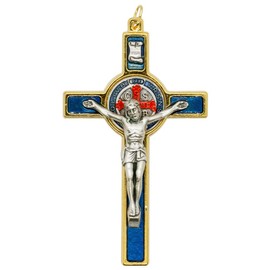 Saint Benedict Crucifix Pendant | Gold-Tone Base with Colored Enamel Accents | 3.25" Tall | Patron Saint of Students | Great Catholic Gift for First Holy Communion and Confirmation, Metal, No Gemstone