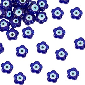 DICOSMETIC 33Pcs Flower Glass Beads Dark Blue Evil Eye Charms Glass Beads Lampwork Beads Strands Flat Loose Beads Small Spacer Beads for DIY Crafts Jewelry Making, Hole: 1.6mm
