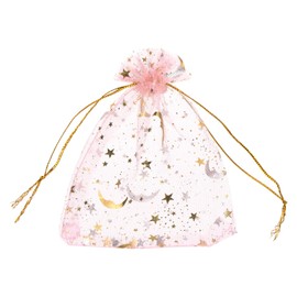 MECCANIXITY Organza Bag 3.5" x 5", Sheer Moon Star Mesh Bags Drawstring Gift Bags Bulk Party Favor Bag Jewelry Pouches for Wedding Candy Valentines (Pink-Gold, Pack of 100)