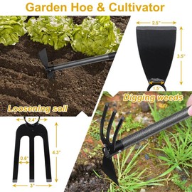 HOSKO Hoe and Cultivator - 45” Long Handle - Heavy Duty Garden Hoe Tiller, Standing Hoe Garden Tools Durable Cultivator Hoe Hand Rake Fork for Gardening Weeding Planting Loosening Soil, Digging