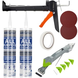 Variety Caulking Tool Kit, 2 Gray Silicone Sealant, Hand Caulking Guns and 5 in 1 Scraper/Smoothing Tool, Sandpaper, Gloves and Masking Tape, with All-Purpose 100% Silicone Caulk 20.2 Oz